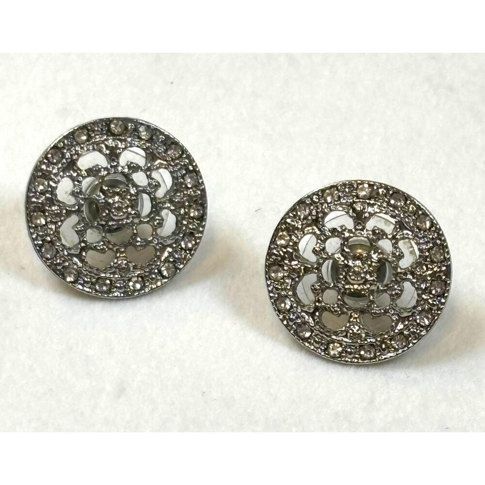 Silver Tone Filigree Stud Earrings 5/8" Round Lightweight Clear Backers